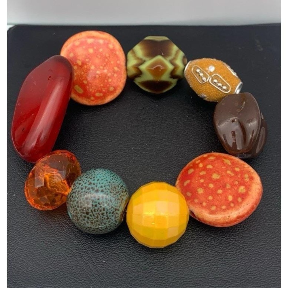 Chunky Fall Colored Ceramic And Acrylic Beaded Stretch Bangle Bracelet